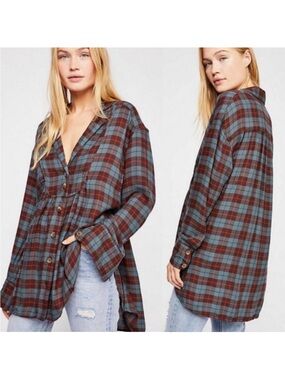 Free People All About the Feels Plaid Button-Down Shirt SZ SM